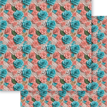 Papel Scrapbook Litoarte SD-1324 Rosa 3D Coral e Verde 30,5x30,5cm