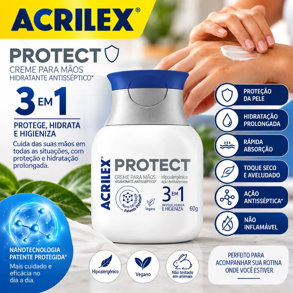 Creme Hidratante para Mãos Acrilex Protect 60g Antisséptico 3 em 1