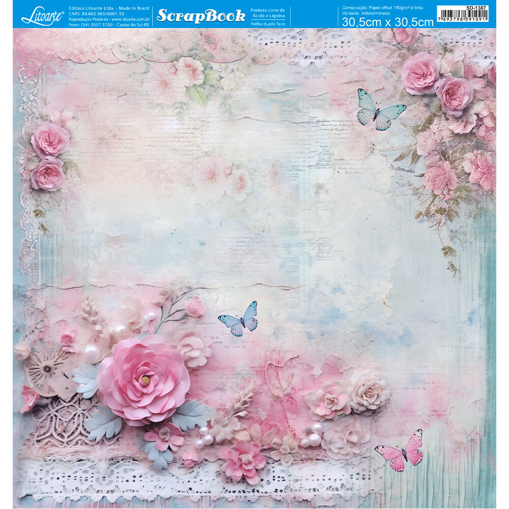 Papel Scrapbook Litoarte SD-1387 Chabby Chic 30,5x30,5cm