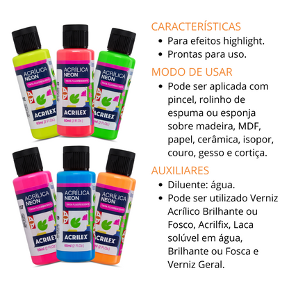 Tinta Acrílica Neon Acrilex 60ml Nature Colors Tinta Fluorescente