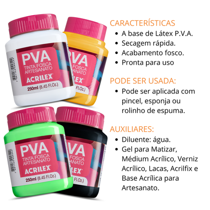 Tinta PVA Acrilex 250ml Fosca Artesanato Alta Cobertura