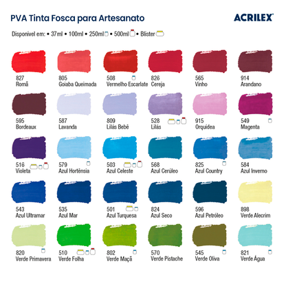 Tinta PVA Acrilex 250ml Fosca Artesanato Alta Cobertura
