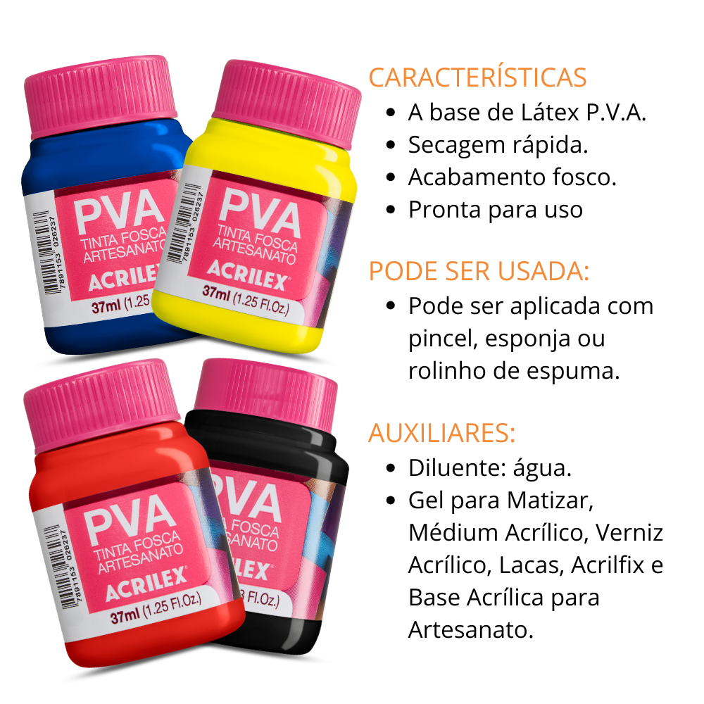 Tinta PVA Acrilex 37ml Fosca Artesanato Alta Cobertura
