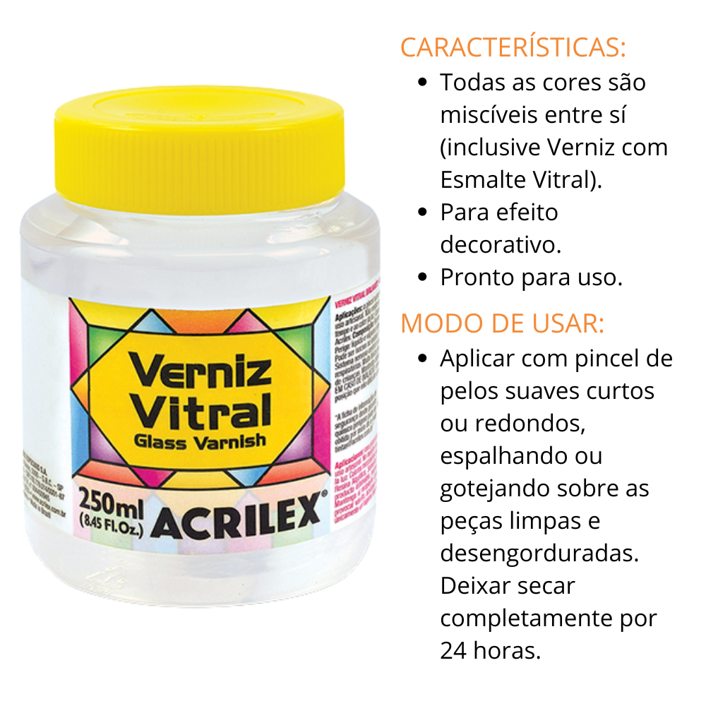 Verniz Vitral Acrilex 250ml Efeito Translúcido Colorido