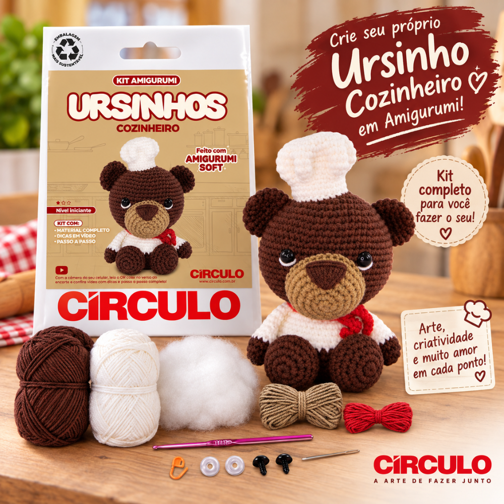 Kit Amigurumi Ursinhos Soft Círculo Cor 01 Cozinheiro