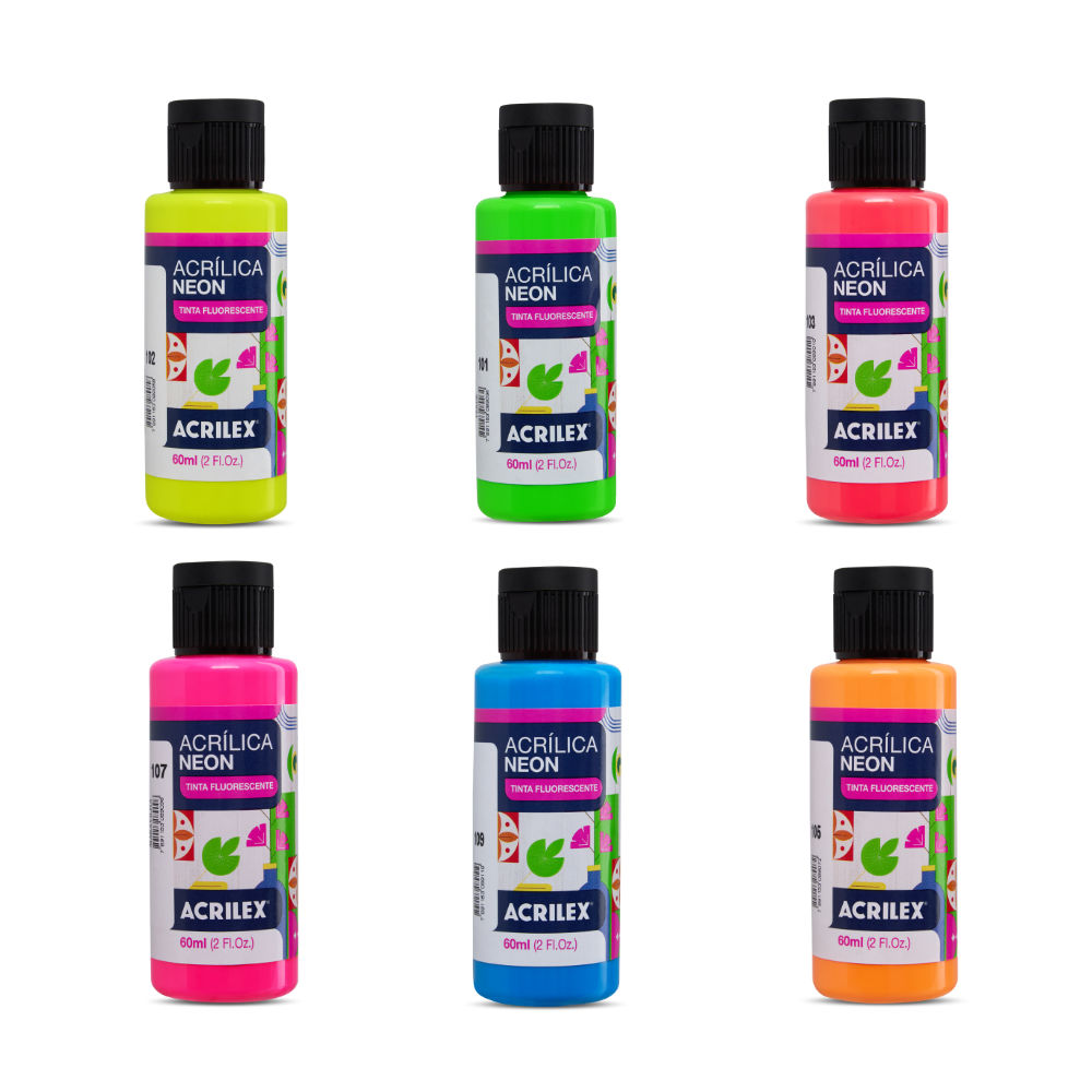 Kit 6 Tintas Acrílica Neon Fluorescente Acrilex 60ml Nature Colors