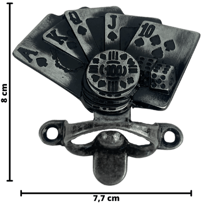 Abridor de Garrafas Baralho Poker em Metal Prata Velho Escovado 8x7,7cm - Palácio da Arte
