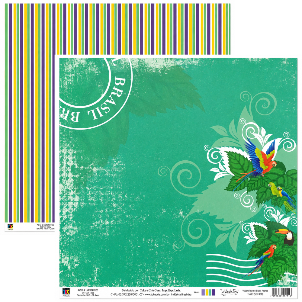 Papel Scrapbook Viajando pelo Brasil Araras SDF461 Toke e Crie by Flavia Terzi