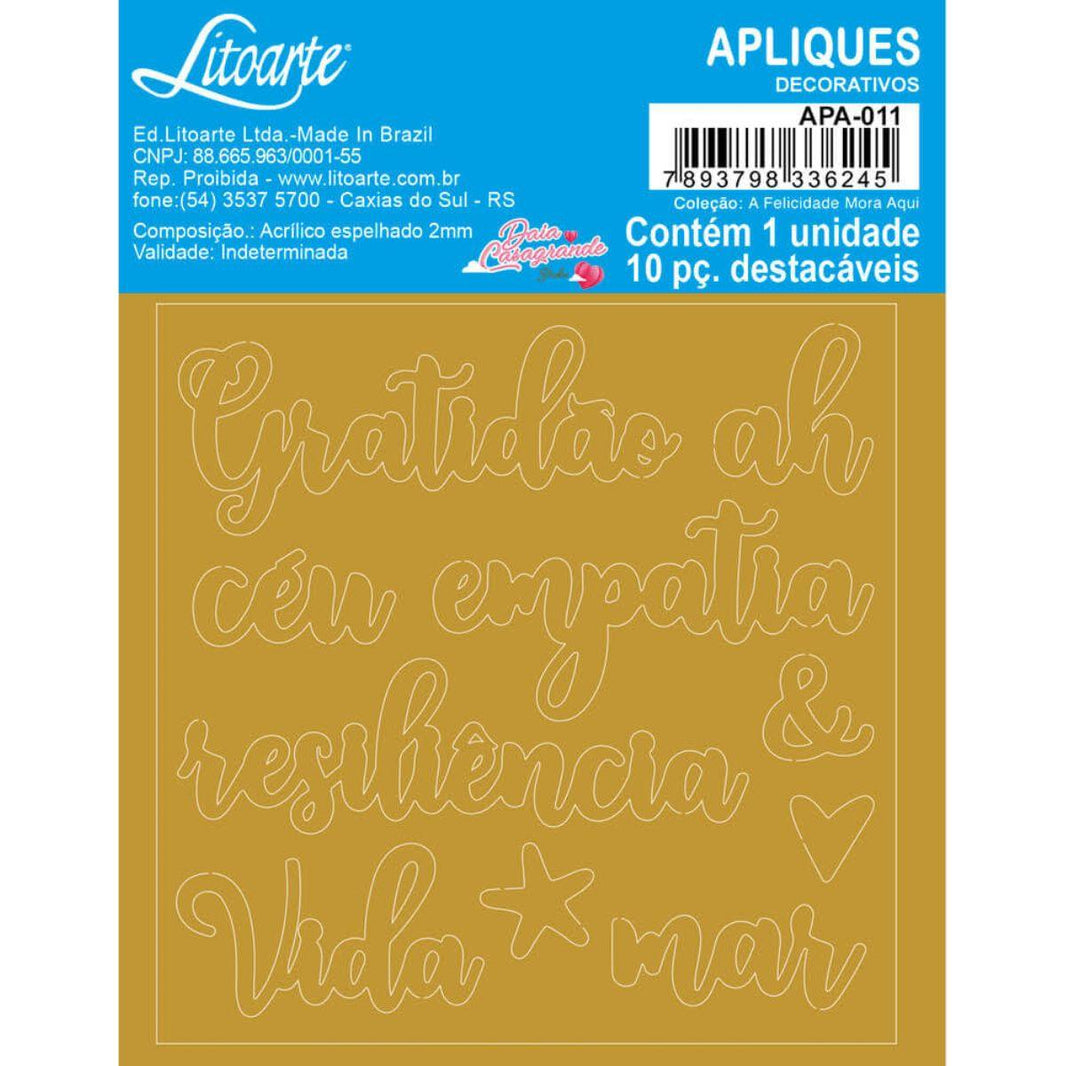 Aplique Acrílico Litoarte APA-011 9x9cm A Felicidade Mora Aqui Gratidão - Palácio da Arte