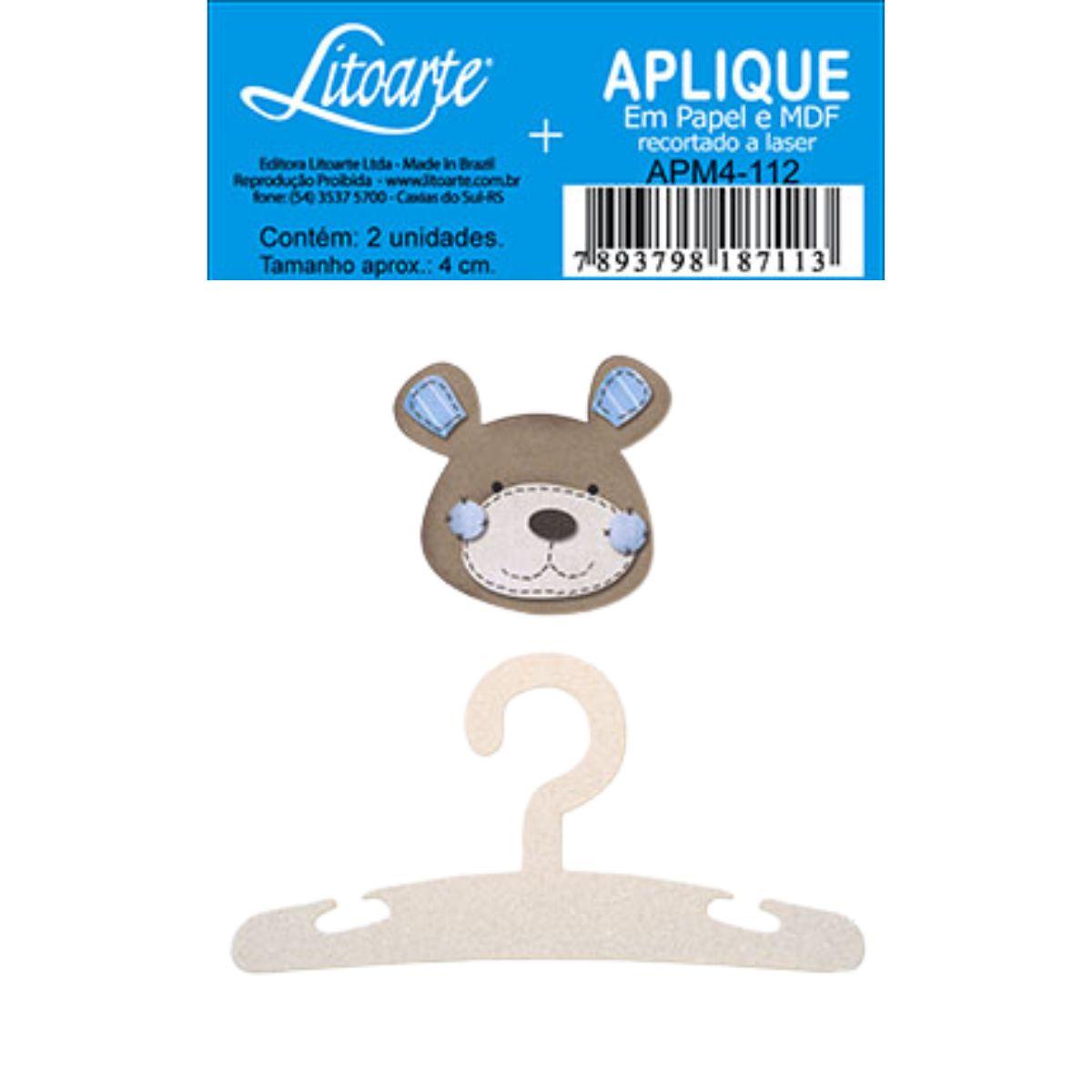 Aplique Decoupage Litoarte APM4-112 em Papel e MDF 4cm Cabide e Ursinho - Palácio da Arte