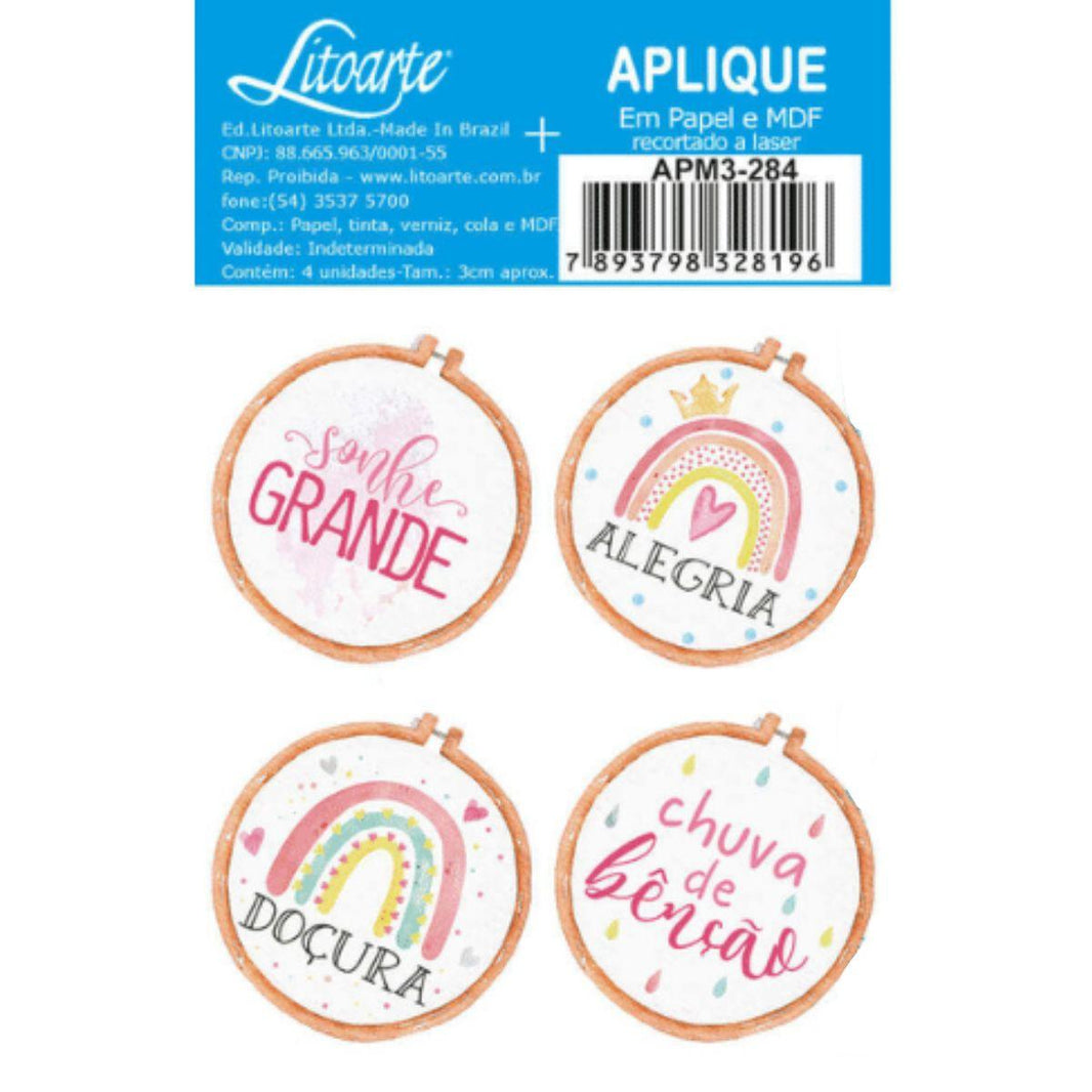 Aplique Litoarte APM3-284 3cm Algodão Doce Bastidores com Frases 4 peças - Palácio da Arte