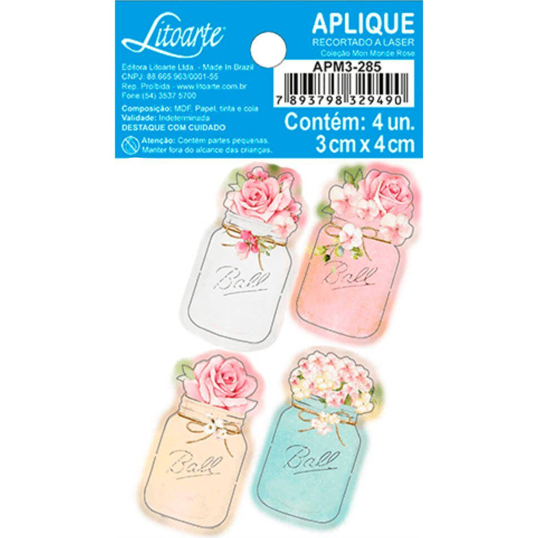 Aplique Litoarte APM3-285 3cm Potes com Flores 4 peças - Palácio da Arte