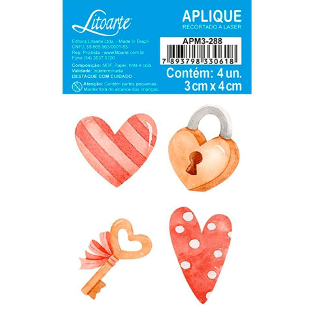 Aplique Litoarte APM3-288 3cm Amor Aquarela Coração, Chave e Cadeado 4 peças - Palácio da Arte