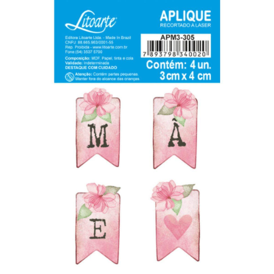Aplique Litoarte APM3-305 3cm Dia das Mães Carinho Bandeira Mãe 4 peças - Palácio da Arte