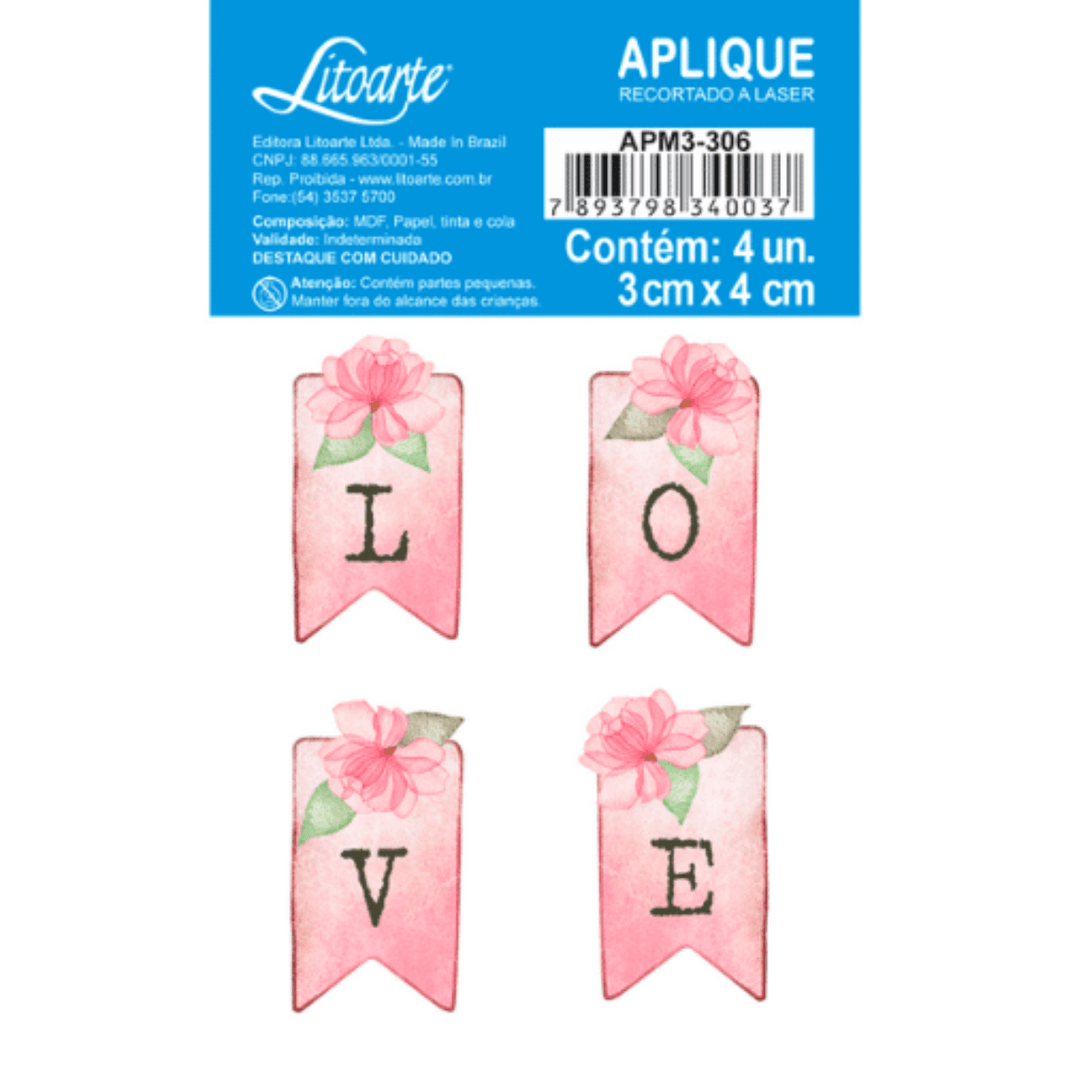 Aplique Litoarte APM3-306 3cm Dia das Mães Carinho Bandeira Love 4 peças - Palácio da Arte