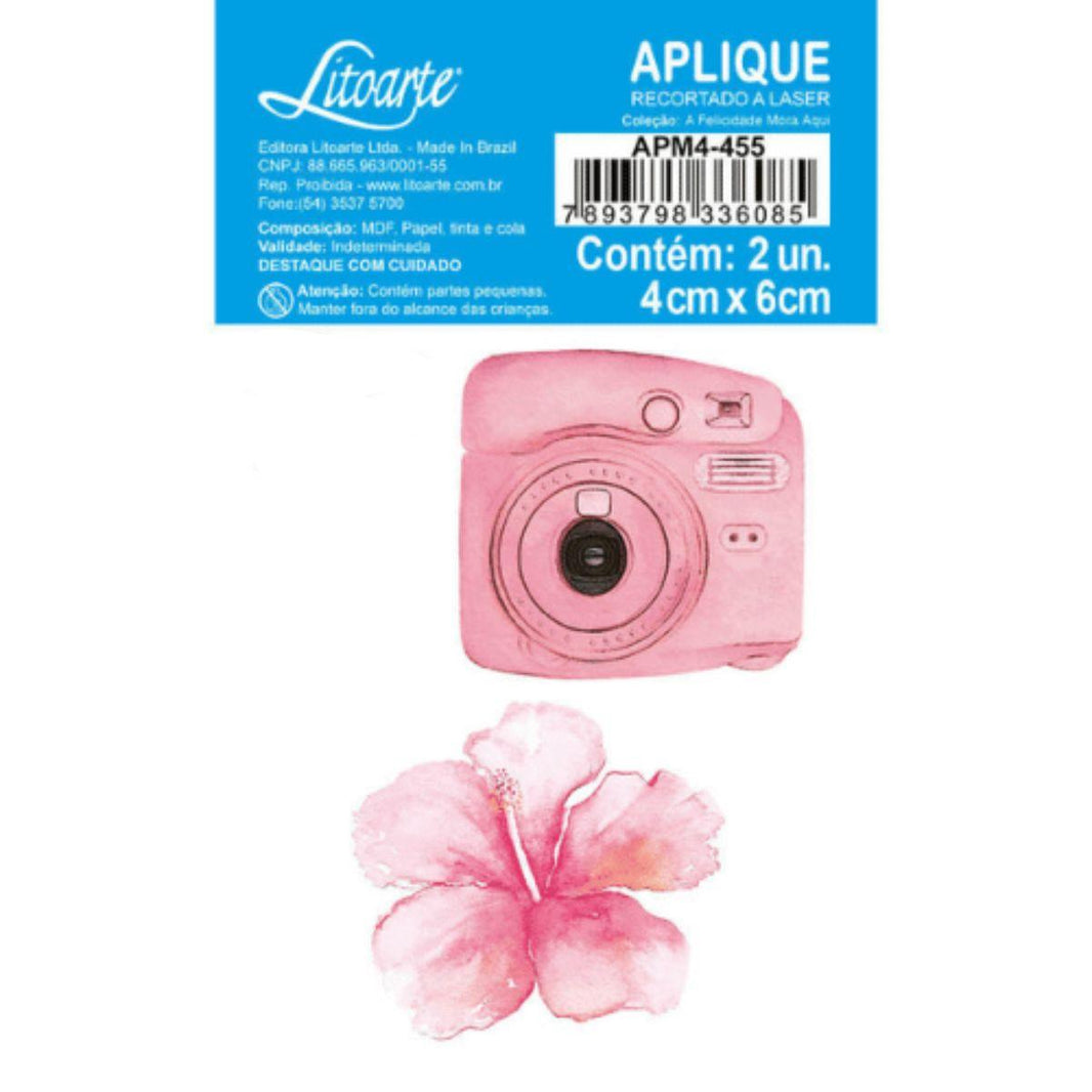 Aplique Litoarte APM4-455 4cm A Felicidade Mora Aqui Câmera e Hibisco 2 peças - Palácio da Arte