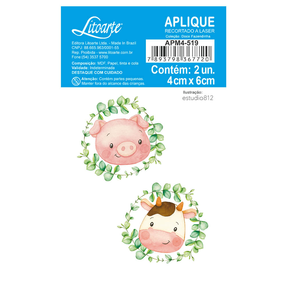 Aplique Litoarte APM4-519 4cm Doce Fazendinha Porco e Vaca - Palácio da Arte