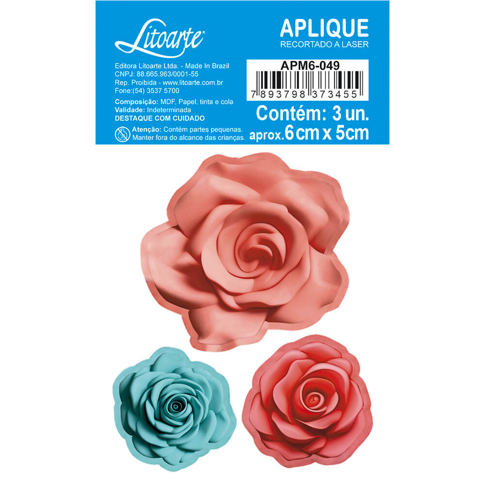 Aplique Litoarte APM6-049 6cm Flores Rosas 3D - Palácio da Arte