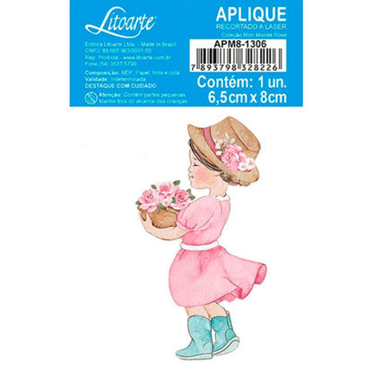 Aplique Litoarte APM8-1306 8cm Mon Monde Rose Menina Vestido Rosa - Palácio da Arte