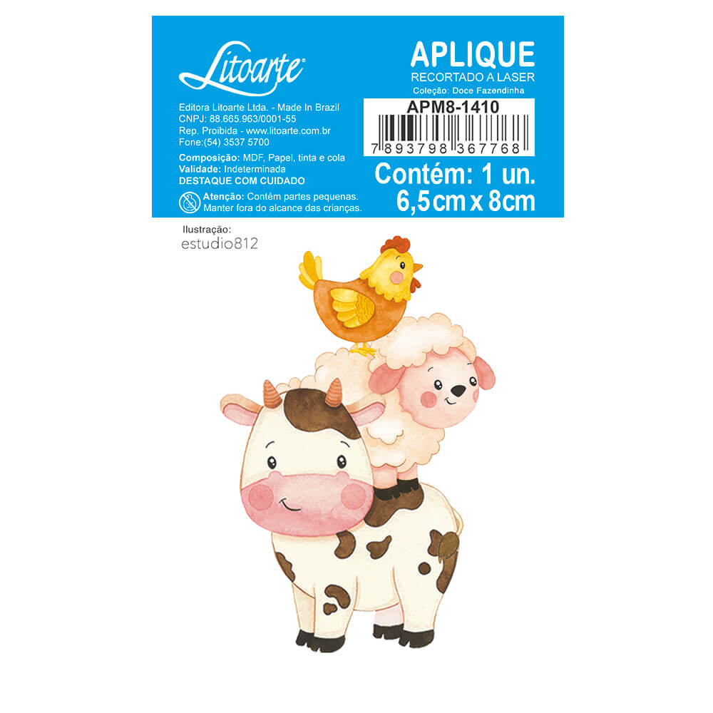 Aplique Litoarte APM8-1410 8cm Doce Fazendinha Vaca Ovelha e Galinha - Palácio da Arte