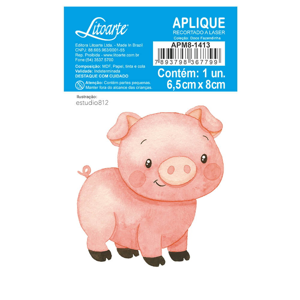 Aplique Litoarte APM8-1413 8cm Doce Fazendinha Porco - Palácio da Arte