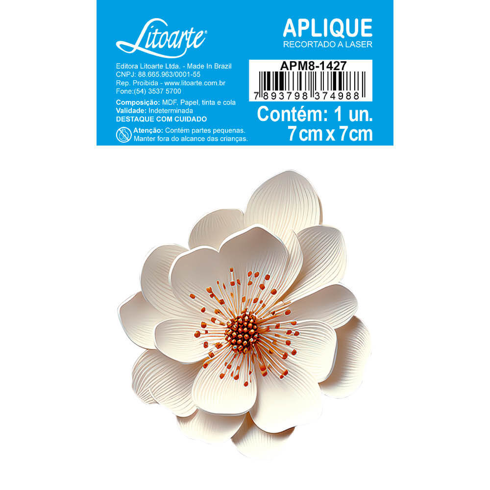 Aplique Litoarte APM8-1427 8cm Papoula Branca Floral 3D - Palácio da Arte