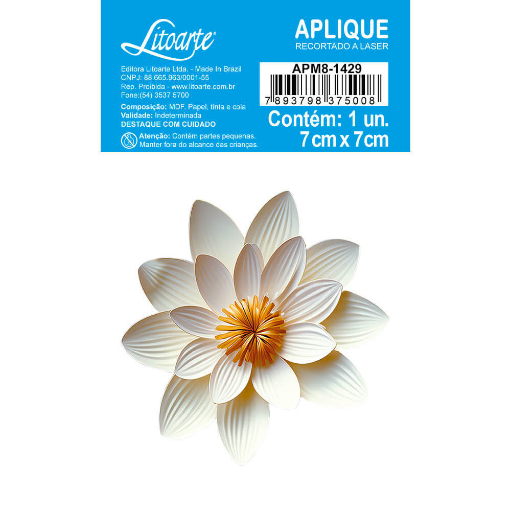 Aplique Litoarte APM8-1429 8cm Lótus Branca Floral 3D - Palácio da Arte