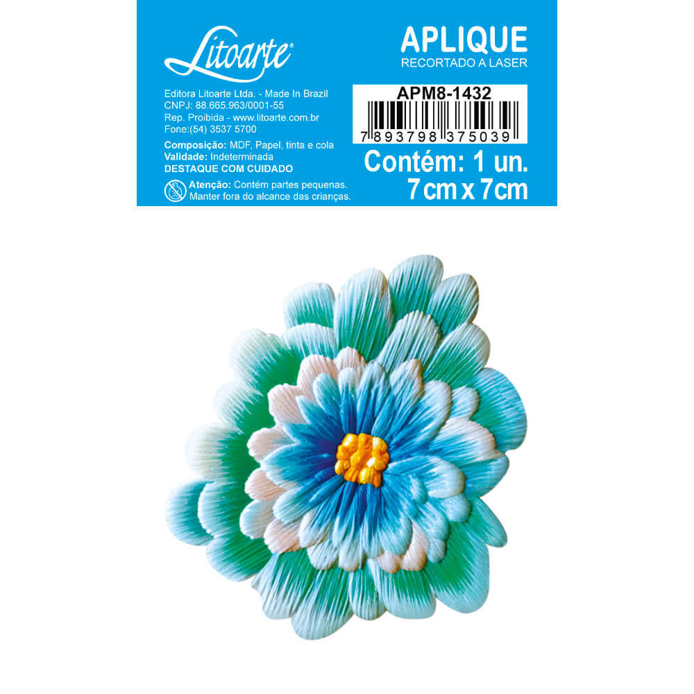 Aplique Litoarte APM8-1432 8cm Margarida Azul e Verde Floral 3D - Palácio da Arte