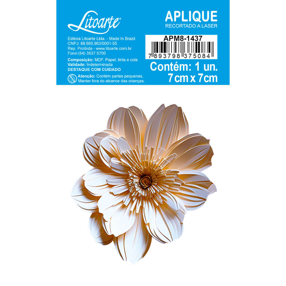 Aplique Litoarte APM8-1437 8cm Flor Branca Floral 3D - Palácio da Arte
