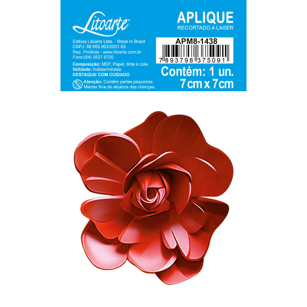 Aplique Litoarte APM8-1438 8cm Rosa Vermelha Floral 3D - Palácio da Arte