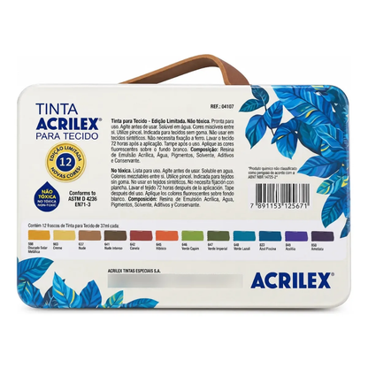 Kit Tinta para Tecido Fosca Acrilex 37ml Maleta 12 cores Edição Limitada