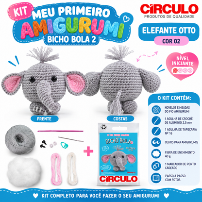 Kit Meu Primeiro Amigurumi Bicho Bola 2 Cor 02 Elefante Otto