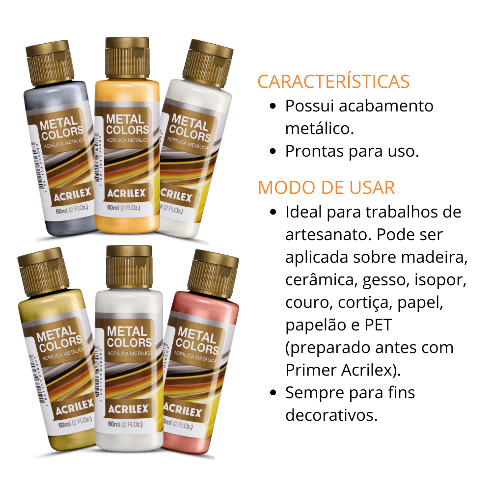 Kit 6 Tintas Acrílica Metálica Acrilex 60ml Metal Colors