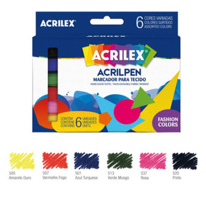 Caneta Acrilpen Acrilex Marcador para Tecido com 6 unidades - Palácio da Arte