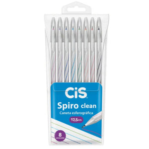 Caneta Cis Spiro Clean Esferográfica kit com 8 cores Ponta Agulha 0.7mm - Palácio da Arte