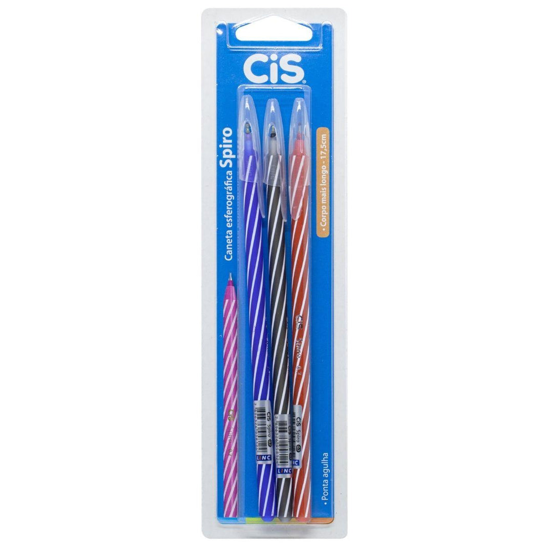 Caneta Cis Spiro Esferográfica kit com 3 cores Ponta Agulha 0.7mm - Palácio da Arte