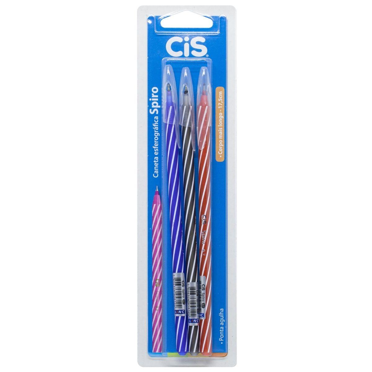 Caneta Cis Spiro Esferográfica kit com 3 cores Ponta Agulha 0.7mm - Palácio da Arte