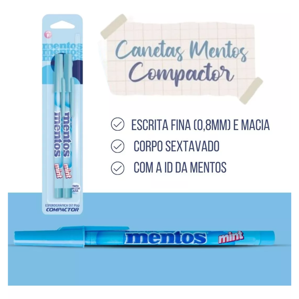 Caneta Mentos Esferográfica Azul 07 Pop Compactor com 2 unidades - Palácio da Arte
