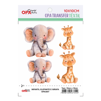 Transfer Têxtil 10x10cm  Opa 3857 Infantil Elefante e Girafa