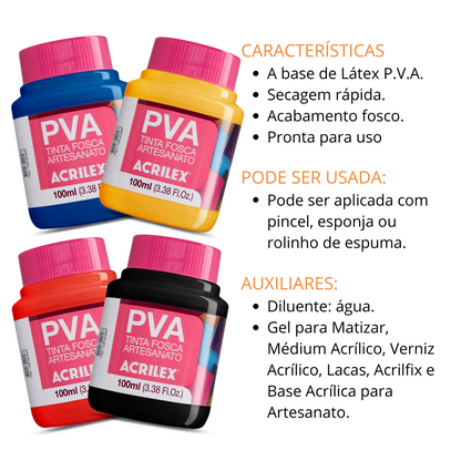 Kit 6 Tintas PVA Acrilex 100ml Fosca Artesanato