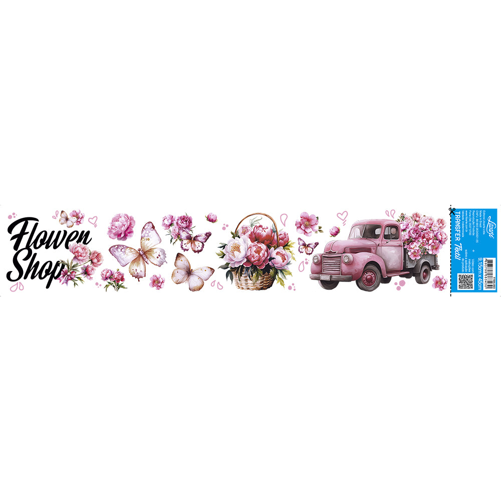 Transfer Têxtil Litoarte 45x9 TTB6-003 Barrado Flores Borboletas e Carro Antigo