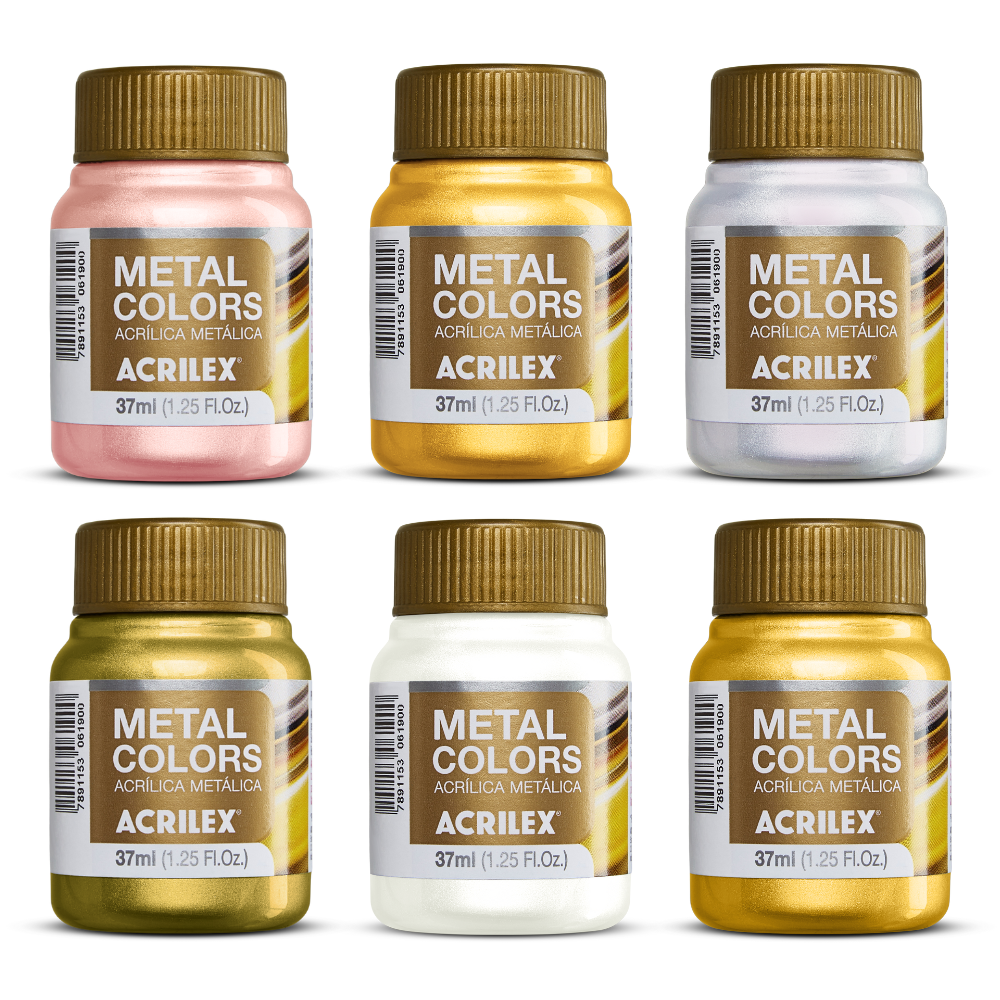 Kit 6 Tintas Acrílica Metálica Acrilex 37ml Metal Colors