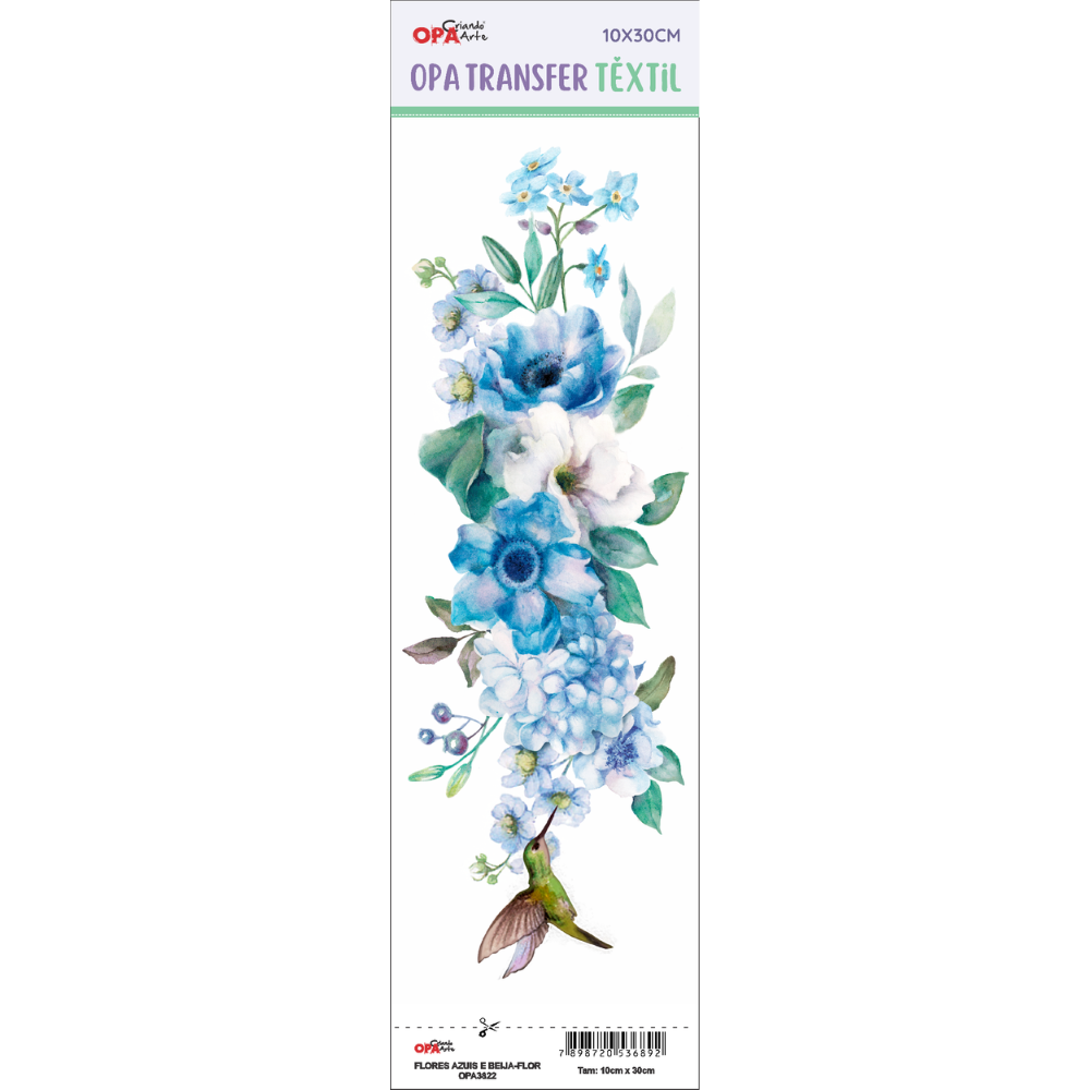 Transfer Têxtil 10x30cm  Opa 3822 Flores Azuis e Beija Flor