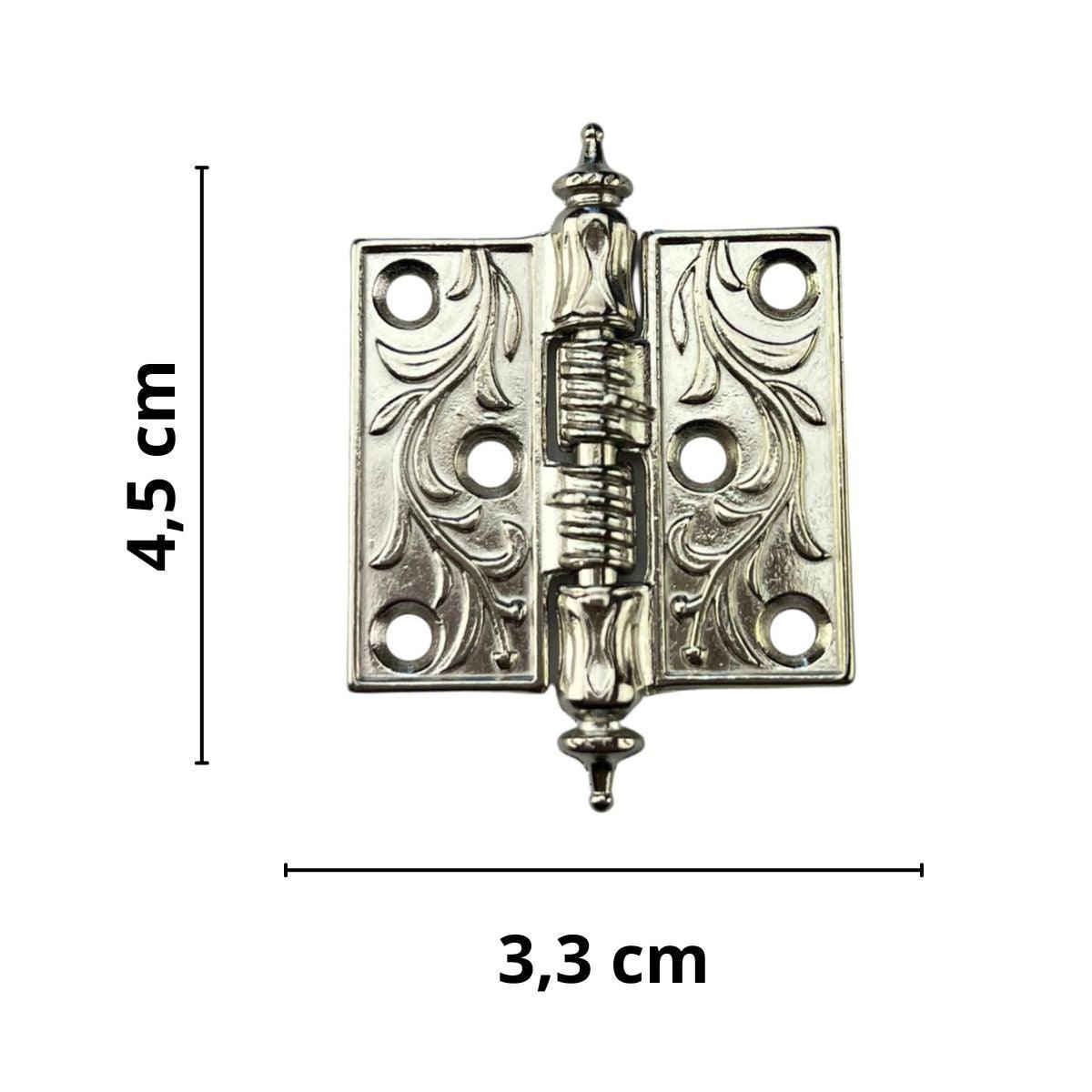 Dobradiça Reta Folhagem M em Metal Niquel 4,5x3,3cm Kit com 2 peças - Palácio da Arte