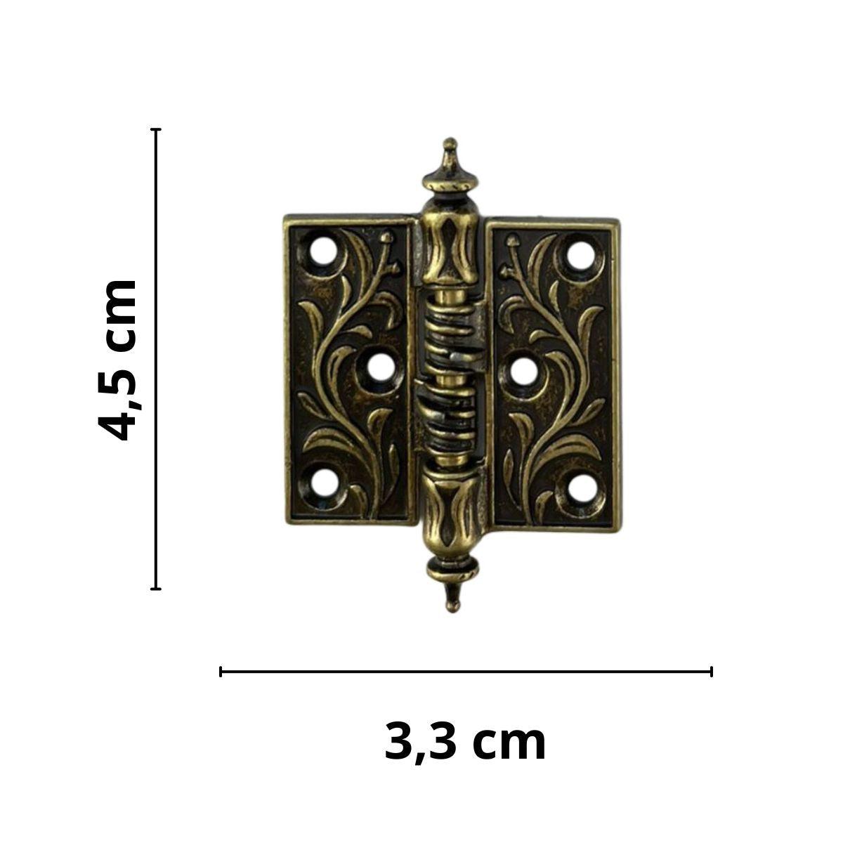 Dobradiça Reta Folhagem M em Metal Ouro Velho 4,5x3,3cm Kit com 2 peças - Palácio da Arte