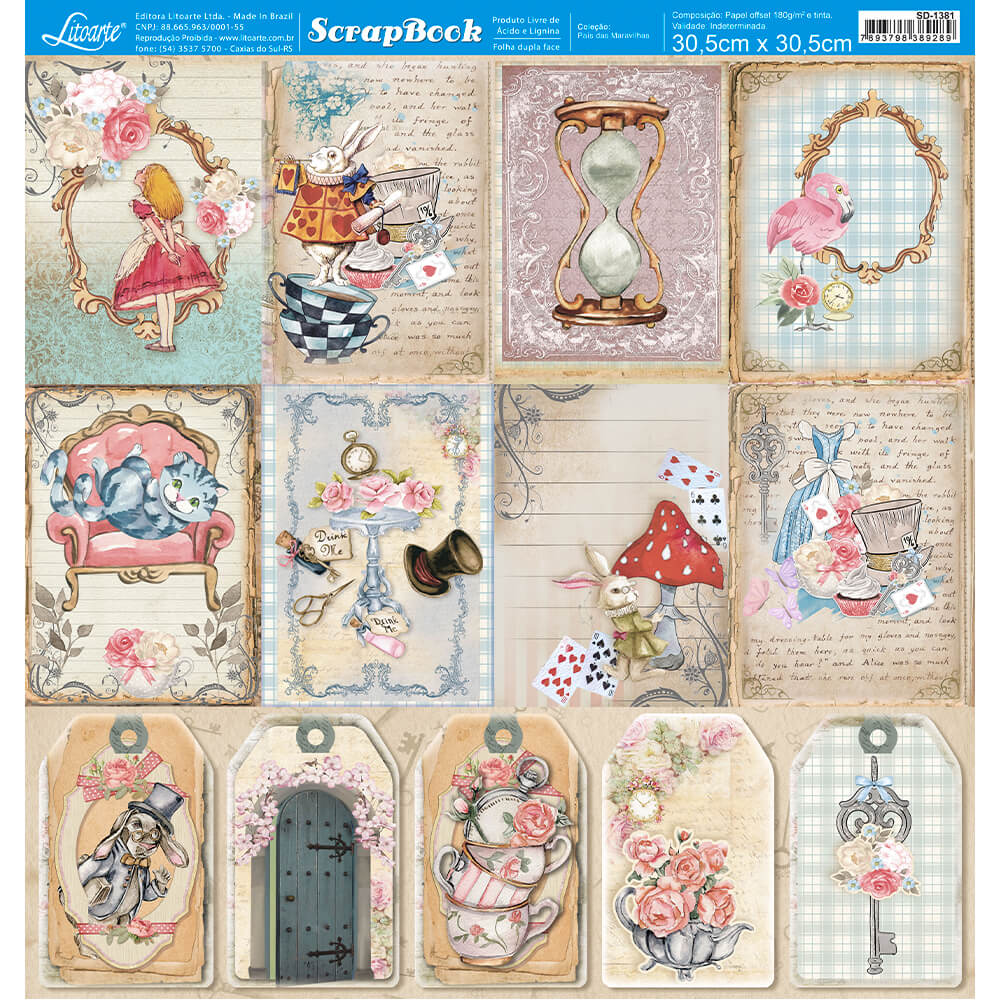 Papel Scrapbook Litoarte SD-1381 Alice País das Maravilhas 30,5x30,5cm