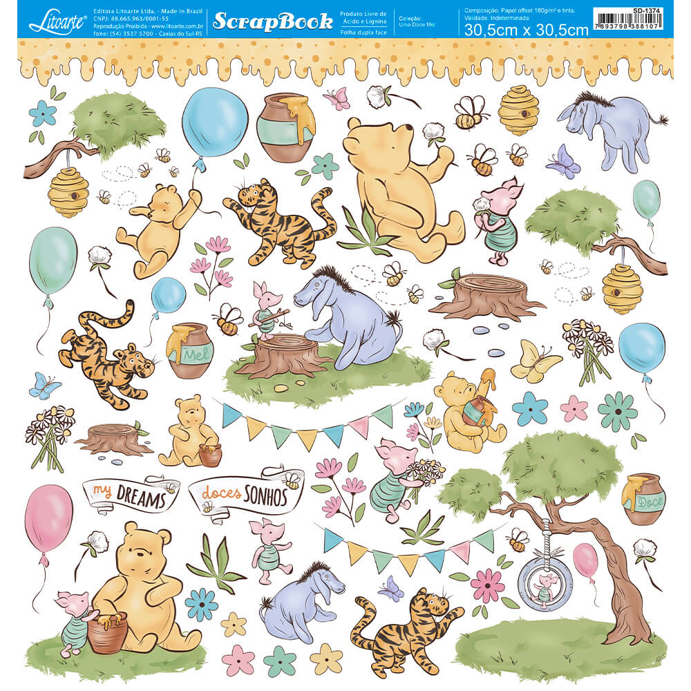 Papel Scrapbook Litoarte SD-1374 Urso Doce Mel 30,5x30,5cm