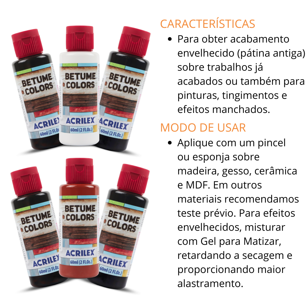 Kit 6 Tintas Betume Colors Acrilex 60ml Tinta Envelhecedora