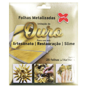 Folhas Metalizadas Ouro Make Mais 14x14cm com 25 Folhas - Palácio da Arte