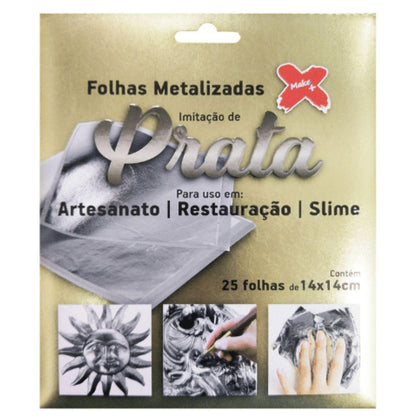 Folhas Metalizadas Prata Make Mais 14x14cm com 25 Folhas - Palácio da Arte